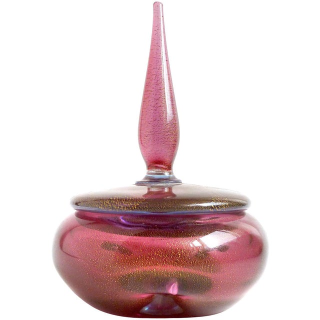 Gorgeous and elegant, vintage Murano hand blown amethyst and gold flecks Italian art glass powder or jewelry box and...
