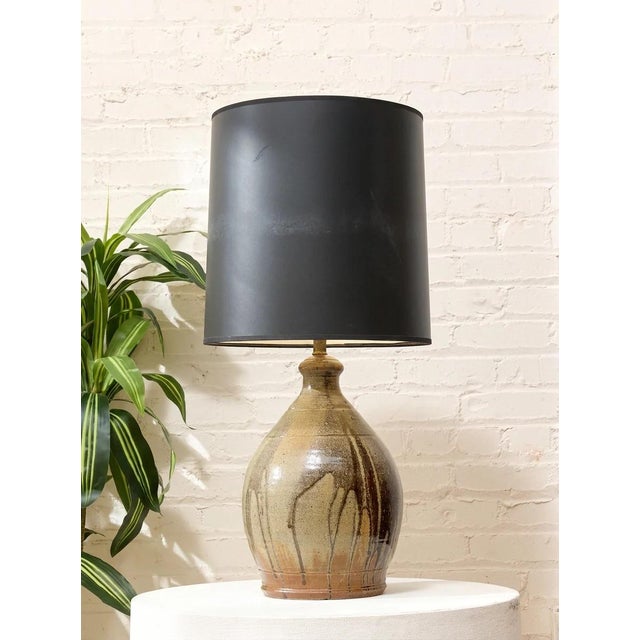 Mid-Century Modern Vintage Boho Chic Drip Glaze Table Lamp With Black Shade For Sale - Image 3 of 11