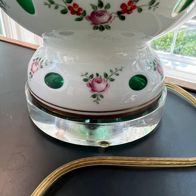 1920s GORGEOUS emerald green Bohemian glass accent lamp // White opaline cut to clear // hand-painted flower garlands // cased glass // cameo For Sale - Image 9 of 10