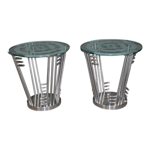Unique Pair of Circular Etched Glass Chromed Steel Modern End Tables