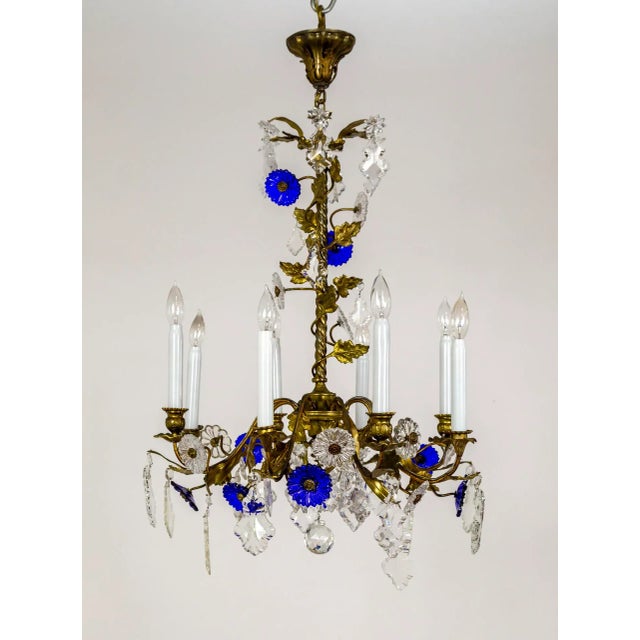 1910s Indigo Blue Crystal Flowers & Gilt Vine Chandelier For Sale - Image 13 of 13