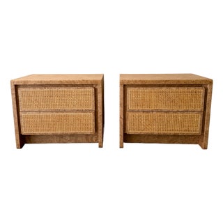 1970s Walnut Burlwood Nightstands With Cane Fronts MCM For Sale