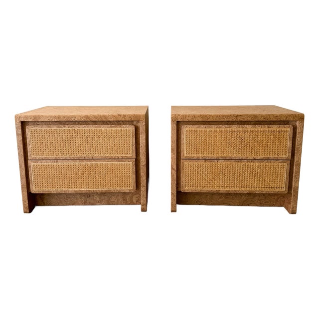 1970s Walnut Burlwood Nightstands With Cane Fronts MCM For Sale