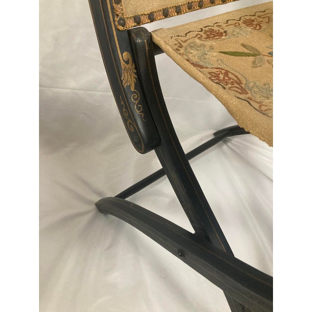 Burgundy Napoleon III Ebonized Folding Armchair — Original Crewelwork, c.1875 For Sale - Image 8 of 14