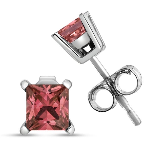 Haus of Brilliance 14K White Gold 1/2 Cttw 4 Prong Set Lab Grown Pink Princess Diamond Solitaire Stud Earrings For Sale - Image 4 of 6