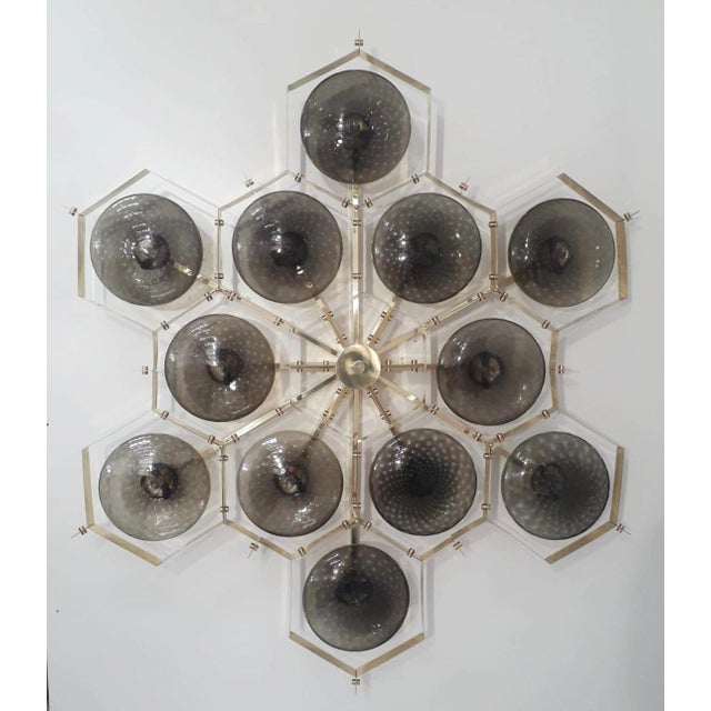 Italian midcentury flush mount with twelve smoky Murano glass shades carefully hand blown with bubbles inside the glass...