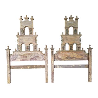Antique Mexican Hand-Carved Wood Twin Headboards - A Pair For Sale