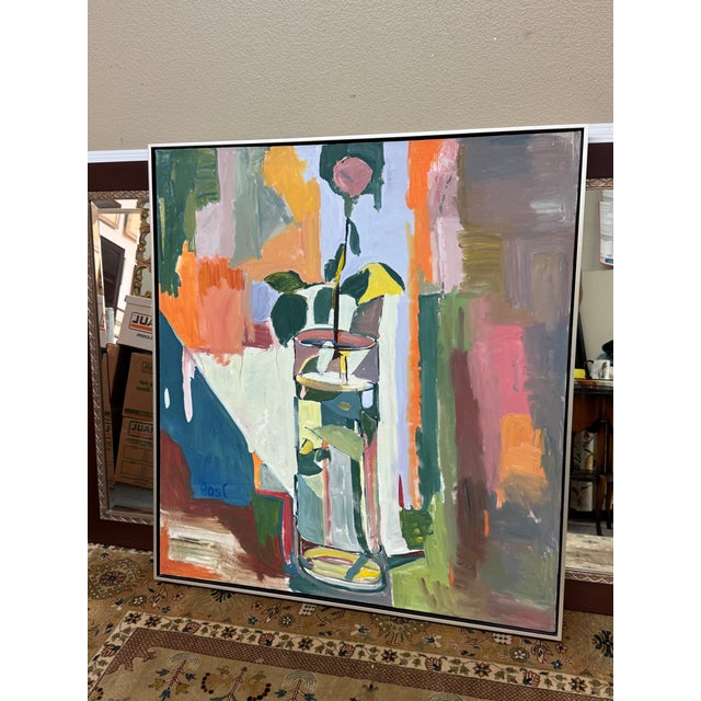 Marius L. Bosc Rose in Vase, Reflections in Water Oil Painting, Signed For Sale - Image 4 of 12