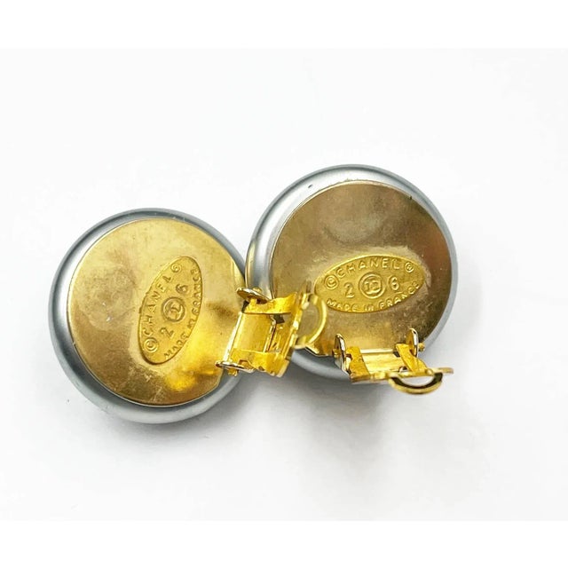 Contemporary Chanel Vintage Gold Plated CC Light Blue Pearl Large Clip on Earrings - 2 Pieces For Sale - Image 3 of 3