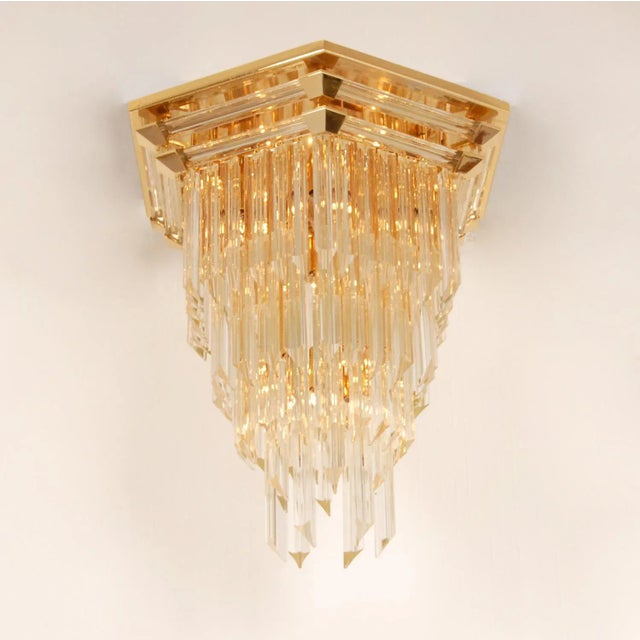 Mid-Century Modern Italian Glass Chandelier Venice Gold Brass Transparent Crystal Venini Modern Tall Murano Glass 5 Tier Chandelier Tariff Free Delivery For Sale - Image 3 of 8