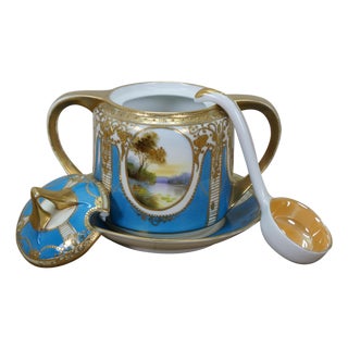 Antique Noritake Turquoise Blue & Gold Lidded Sugar Bowl W/ Spoon For Sale