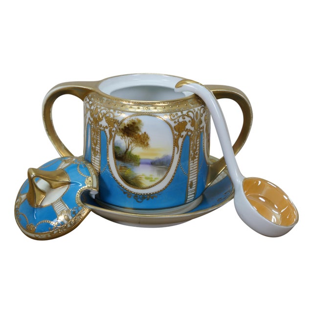Antique Noritake Turquoise Blue & Gold Lidded Sugar Bowl W/ Spoon For Sale