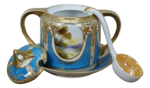 Antique Noritake Turquoise Blue & Gold Lidded Sugar Bowl W/ Spoon