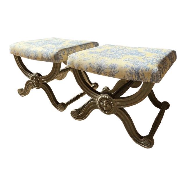 A Pair of Painted Campaign Style X-Base Ottomans Footstools in Butter Yellow and Blue Toile For Sale