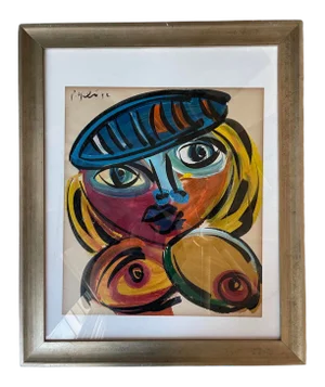 1970s Cubist Style Abstract Face Painting by Peter Keil, Framed