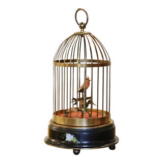 Mid-Century Swiss Brass Singing Bird Automaton Cage Attributed to Reuge For Sale