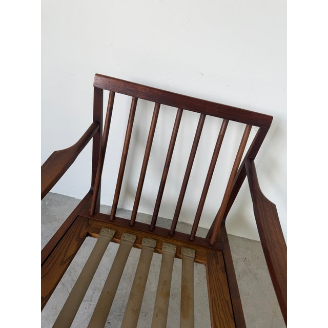 Mid Century Ib Kofod Larsen Style Scandinavian Lounge Chair With Blue Leather Cushions For Sale - Image 16 of 18