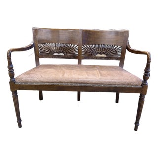 1940s Mahogany Sunburst Carved Leather Settee For Sale