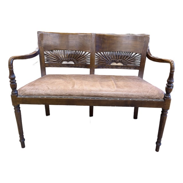 1940s Mahogany Sunburst Carved Leather Settee For Sale