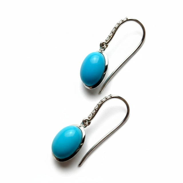 Blue 14k White Gold Oval Natural Turquoise & Diamond Shepherd Hoop Earrings, A Pair For Sale - Image 8 of 8