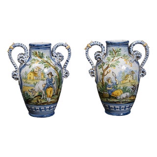Antique Glazed Majolica Vases Depicting Pastoral Scenes, Naples, Late 19th Century, Set of 2 For Sale