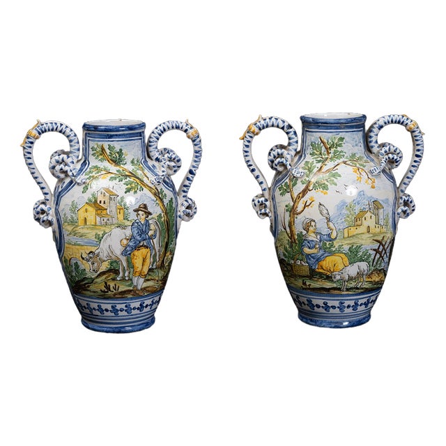 Antique Glazed Majolica Vases Depicting Pastoral Scenes, Naples, Late 19th Century, Set of 2 For Sale
