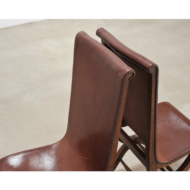 Set of Eight French Provincial Leather Oak Curule Dining Chairs For Sale - Image 11 of 18