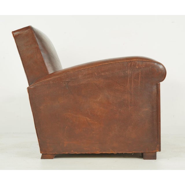 Brown Pair of Vintage Tank Art Deco Leather Club Chairs For Sale - Image 8 of 10
