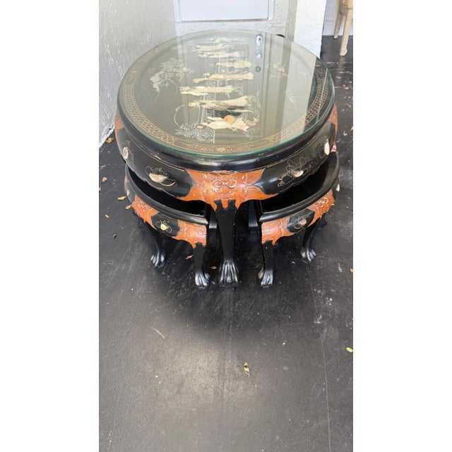 1950s 1950s Asian Black Lacquer Inlaid Coffee Table With Nested Stools For Sale - Image 5 of 12