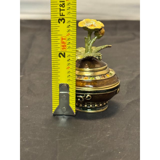 Vintage Mid Century Enameled Brass Pedestal Trinket Dish Floral Pattern Jeweled For Sale - Image 9 of 10