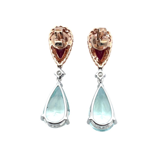 18k Gold Dangle Earrings With Aquamarine Rubellite and Diamonds, A Pair For Sale - Image 10 of 14