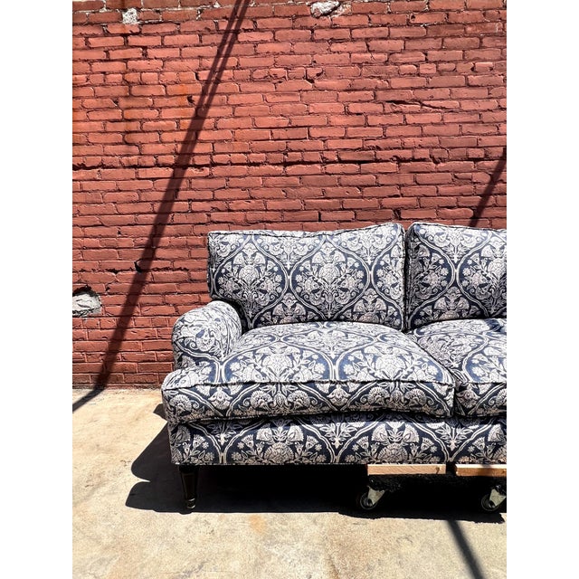 English arm style sofa, newly upholstered with damask blue linen pattern Down feather inserts