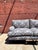 English arm style sofa, newly upholstered with damask blue linen pattern Down feather inserts