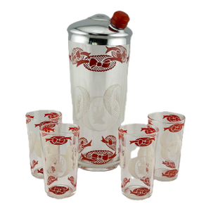 1950s Hazel Atlas Cocktail Shaker Set – Bonnets & Bows (Cameo Lady) Pattern, Mid-Century 5-Piece Barware
