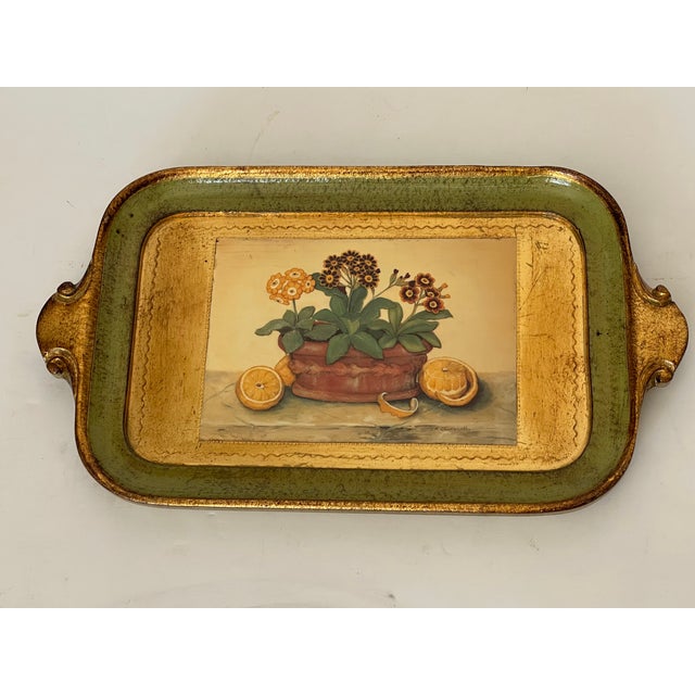 Beautiful Italian Vietri Firenze gilded tray. With handles and primula Floweers.