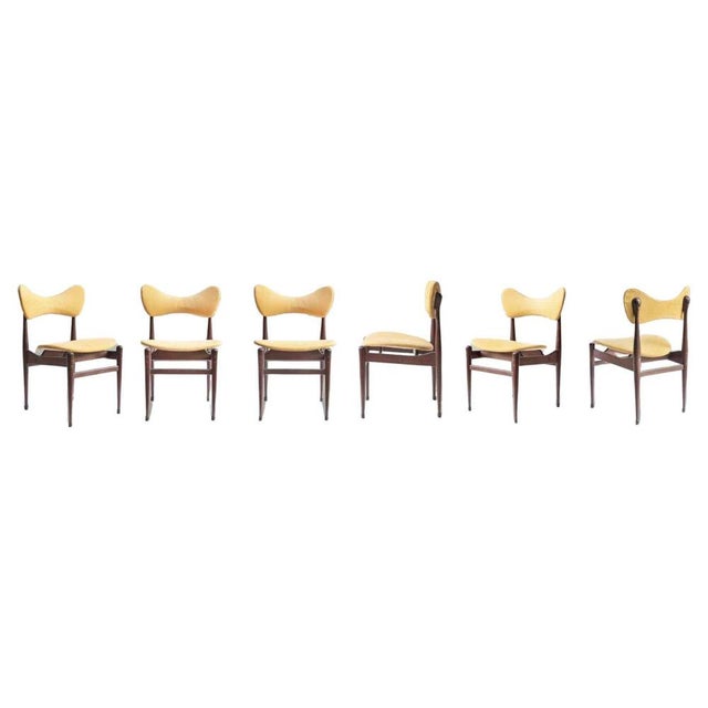 Wood Butterfly Chairs in Wood and Yellow Fabric by Inge and Luciano Rubino, 1960s, Set of 6 For Sale - Image 7 of 7