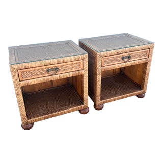Boho Chic Wicker Glass Top Nightstands - A Pair For Sale