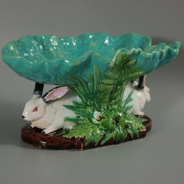 Green Late 19th Century Minton Majolica Rabbits With Leaf Dish For Sale - Image 8 of 13