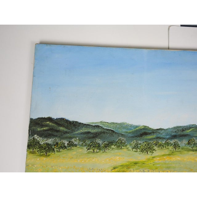 1974 oil on canvas valley of yellow wildflowers and distant mountain landscape painting. Unsigned. Unframed, dated on...