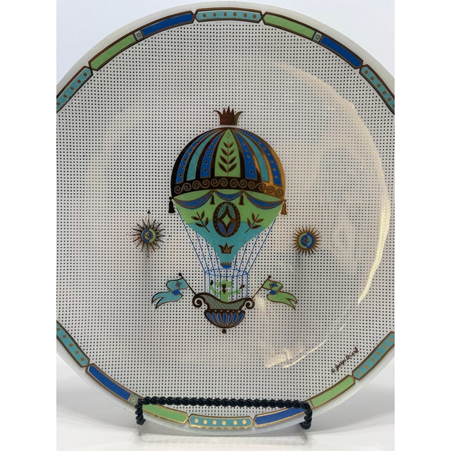 White Vintage Georges Briard Lucite Serving Tray Hot Air Balloon MCM Gold Wood Handles Signed For Sale - Image 8 of 10