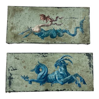 Early 20th Century Renaissance Revival Grotesque Style Handpainted Oil on Leather Marine Monster Paintings a Pair For Sale