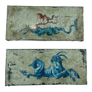 Early 20th Century Renaissance Revival Grotesque Style Handpainted Oil on Leather Marine Monster Paintings a Pair