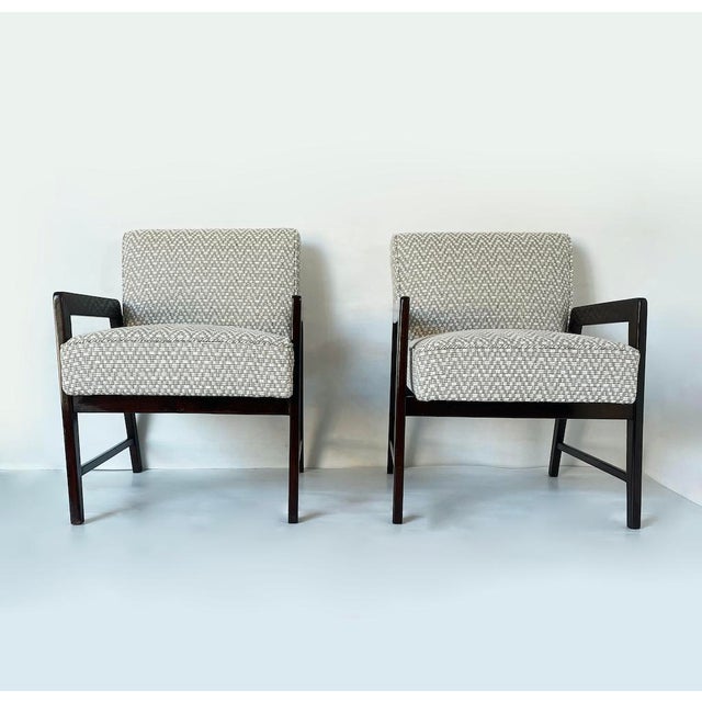 Unique 1950s armchairs. Entirely beech frame and fabric upholstery. Origin: Italy Dimensions: L60 x W60 x H74 cm + seat...