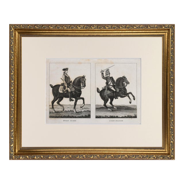 19th Century English Engraving of Mounted Dragoon and Horse Guard 1801 For Sale