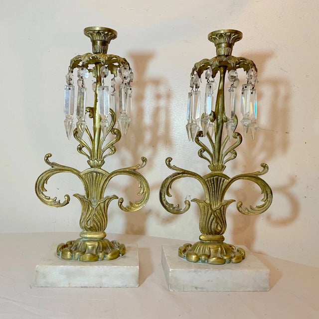 Rococo Pair of Antique Ornate Brass Marble Drop Crystal Girandole Candle Holders Lamp For Sale - Image 3 of 11