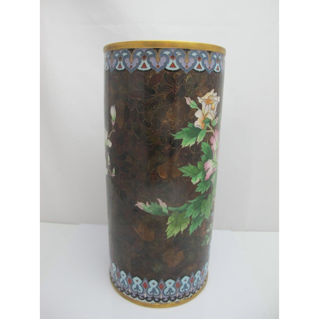 Brown Large Cloisonne Enamel Flower & Butterfly Vase or Umbrella Stand For Sale - Image 8 of 12