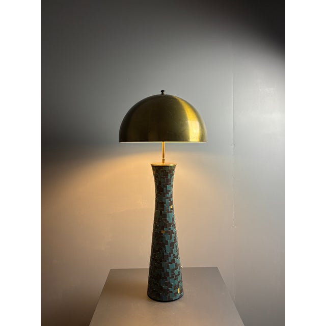 Mid-Century Modern Mosaic and Brass Table Lamp with Gold Mushroom Metal Dome Shade, 1960s For Sale - Image 16 of 18