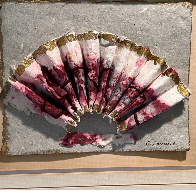 This exquisite original mixed media piece by artist G. Lanoue features a dimensional, hand-crafted paper fan sculpture....