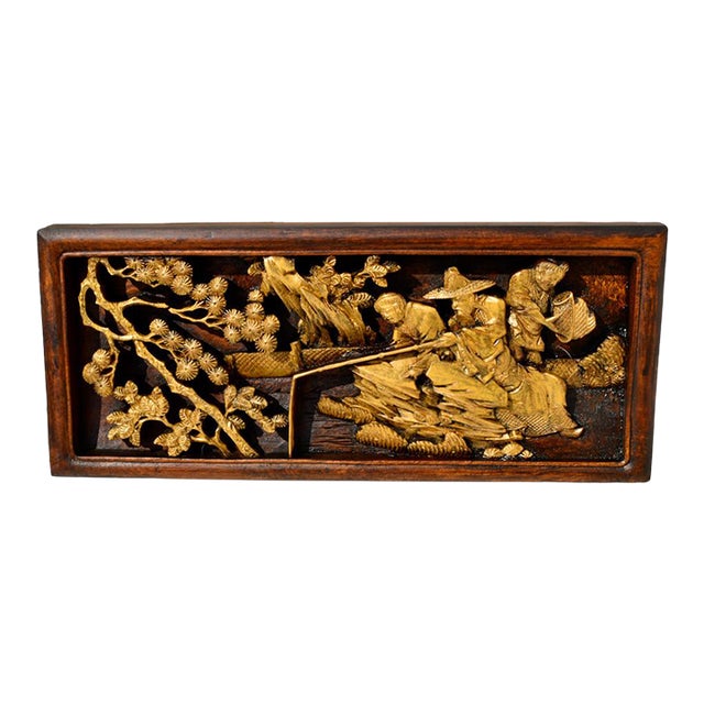 Antique Chinese Carved Teak Fiqural Plaque W/Gold For Sale