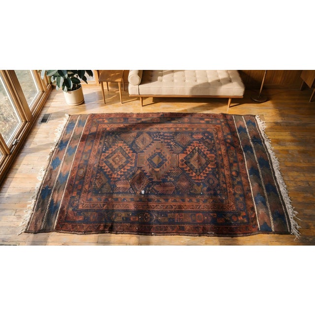 Navy Blue 1890s Blue Navy Diamond Tribal Antique Baluch Turkman Rug 4'6" X '6'9" Handknotted Wool Carpet For Sale - Image 8 of 9